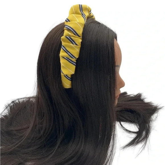Yellow Striped Preppy Classic Crown Silk Handmade Headband Hair Accessory - Picture 10 of 10
